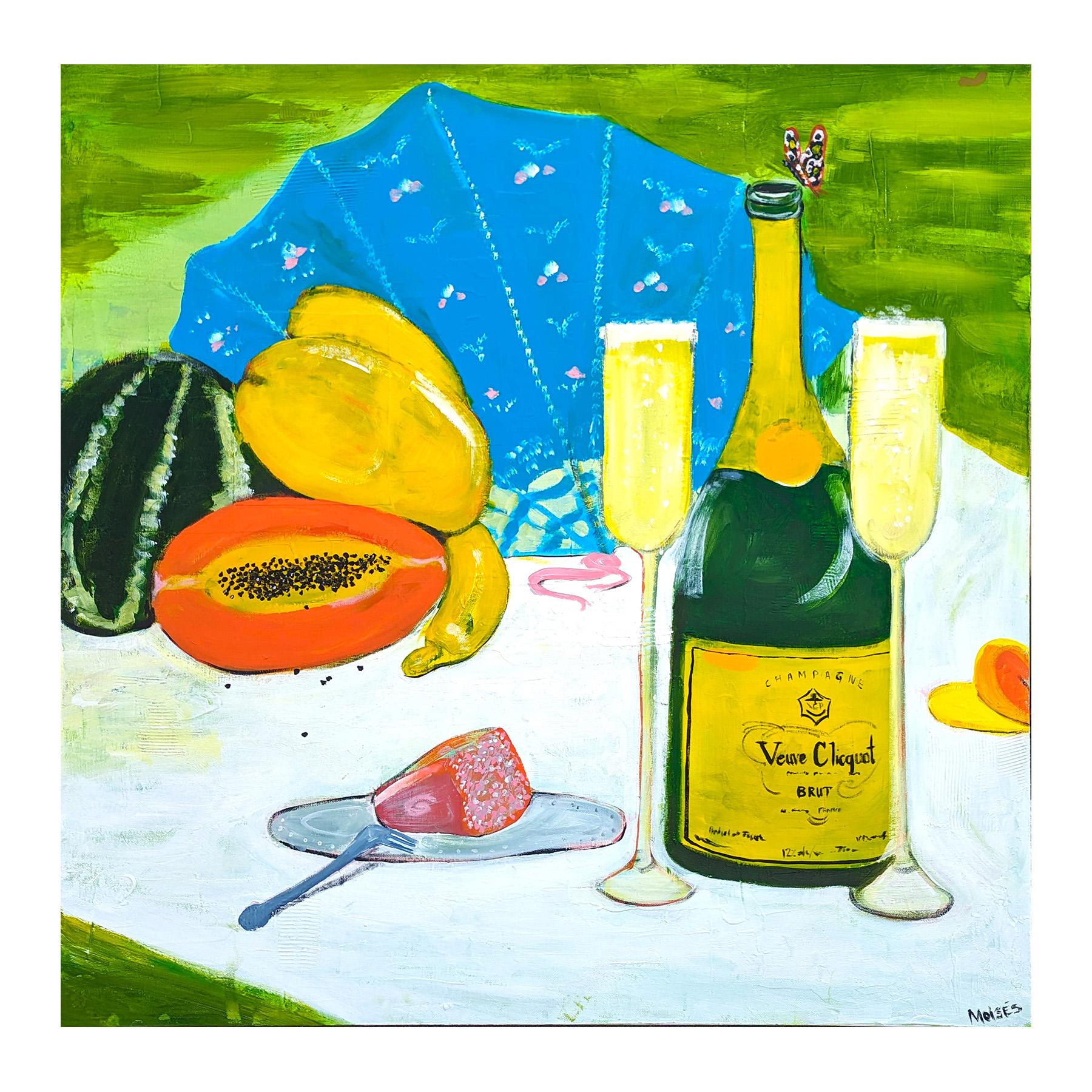 Nature morte naturaliste contemporaine colorée d'un pique-nique avec du champagne et des fruits - Painting de Moisés Villafuerte
