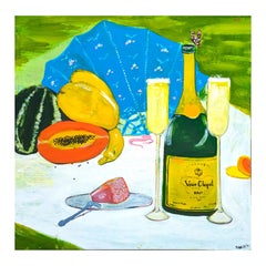 Colorful Contemporary Naturalistic Still Life of Picnic with Champagne and Fruit