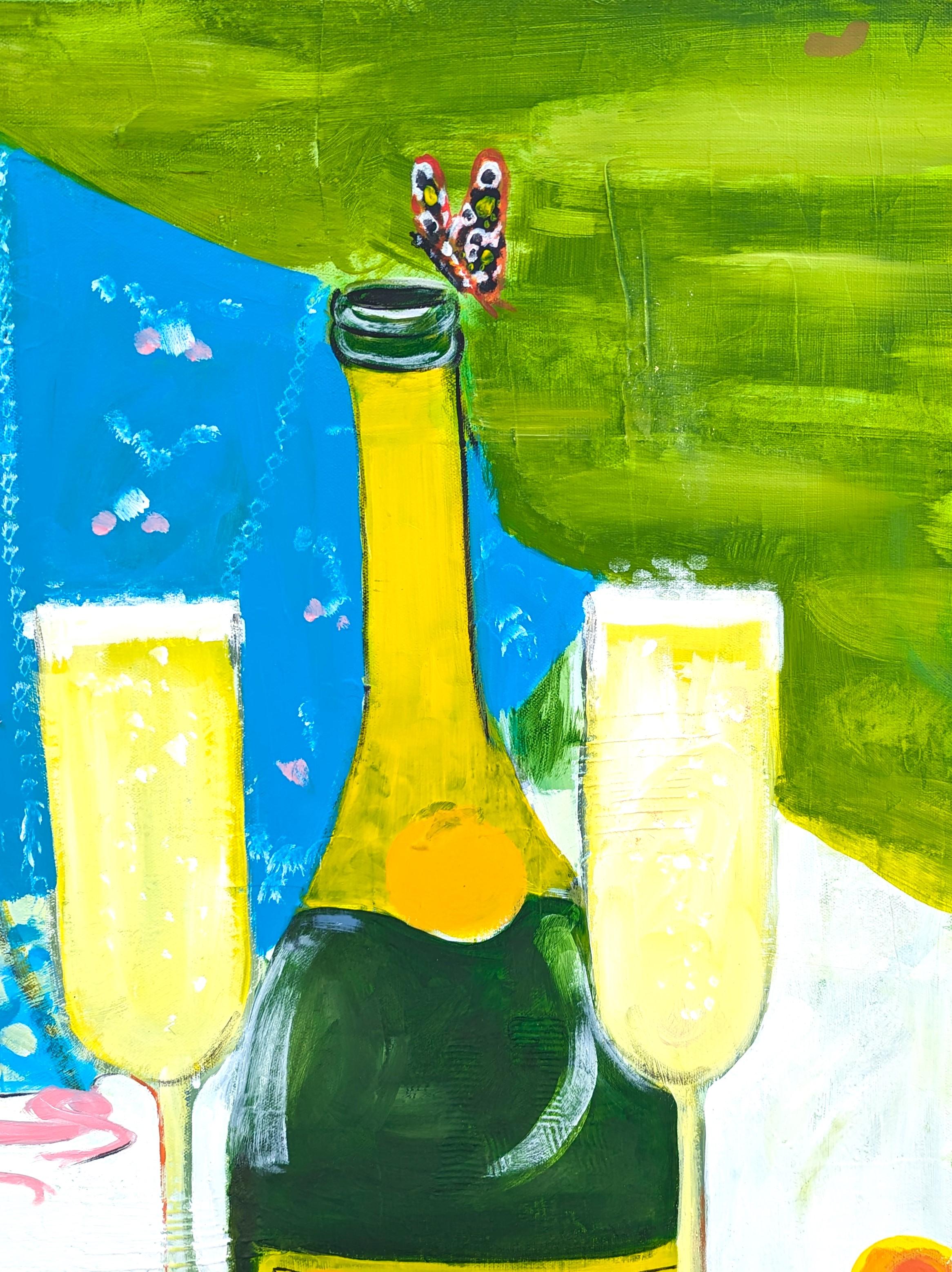 Nature morte naturaliste contemporaine colorée d'un pique-nique avec du champagne et des fruits - Naturalisme Painting par Moisés Villafuerte