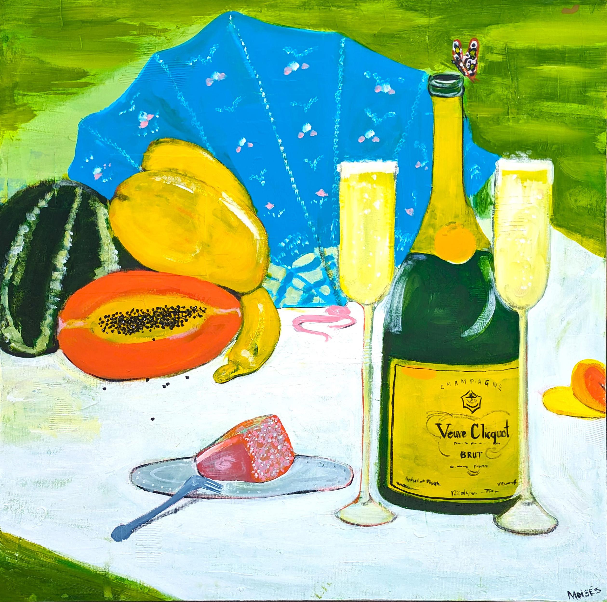 Buntes zeitgenössisches naturalistisches Stillleben eines Picknicks mit Champagner und Obst