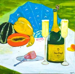 Colorful Contemporary Naturalistic Still Life of Picnic with Champagne and Fruit