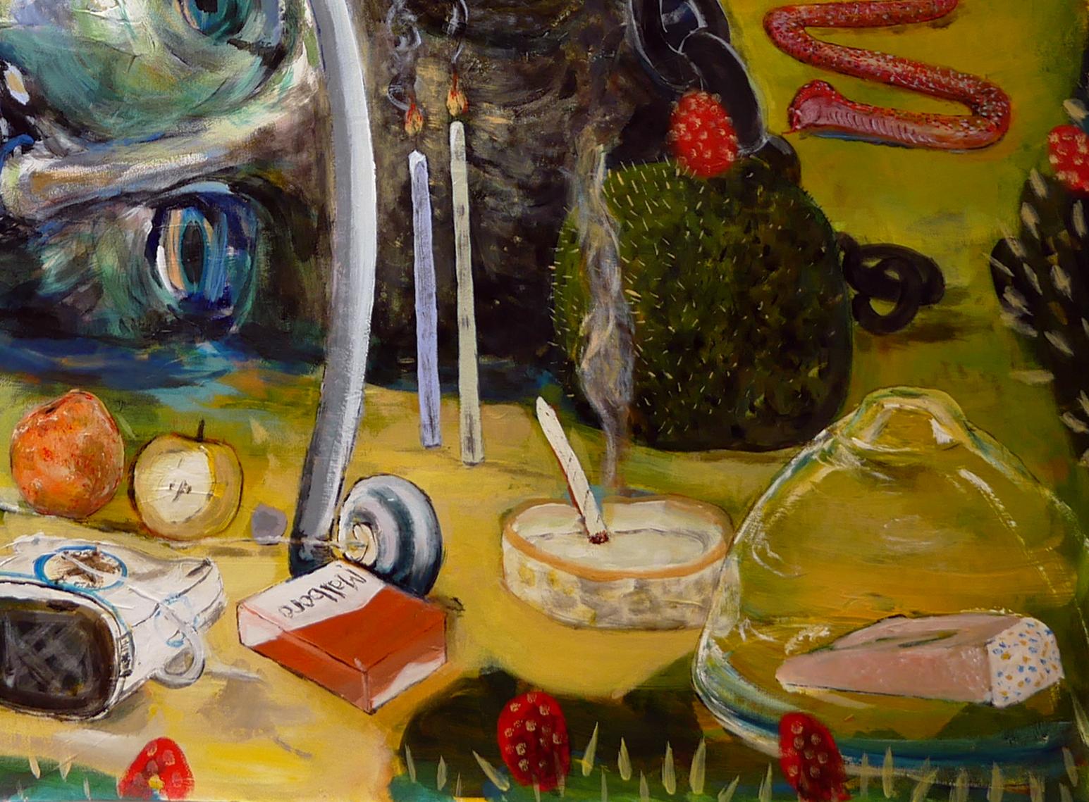 Peinture abstraite contemporaine colorée et fantaisiste de l'artiste Moisés Villafuerte de Houston, TX. L'œuvre présente une collection surréaliste d'objets, dont une grande sculpture d'une tête, une ancre, un arc et une flèche, un chien en ballon