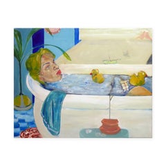 "Consciente" Contemporary Tranquil Figure in Bathtub with Yellow Rubber Ducks