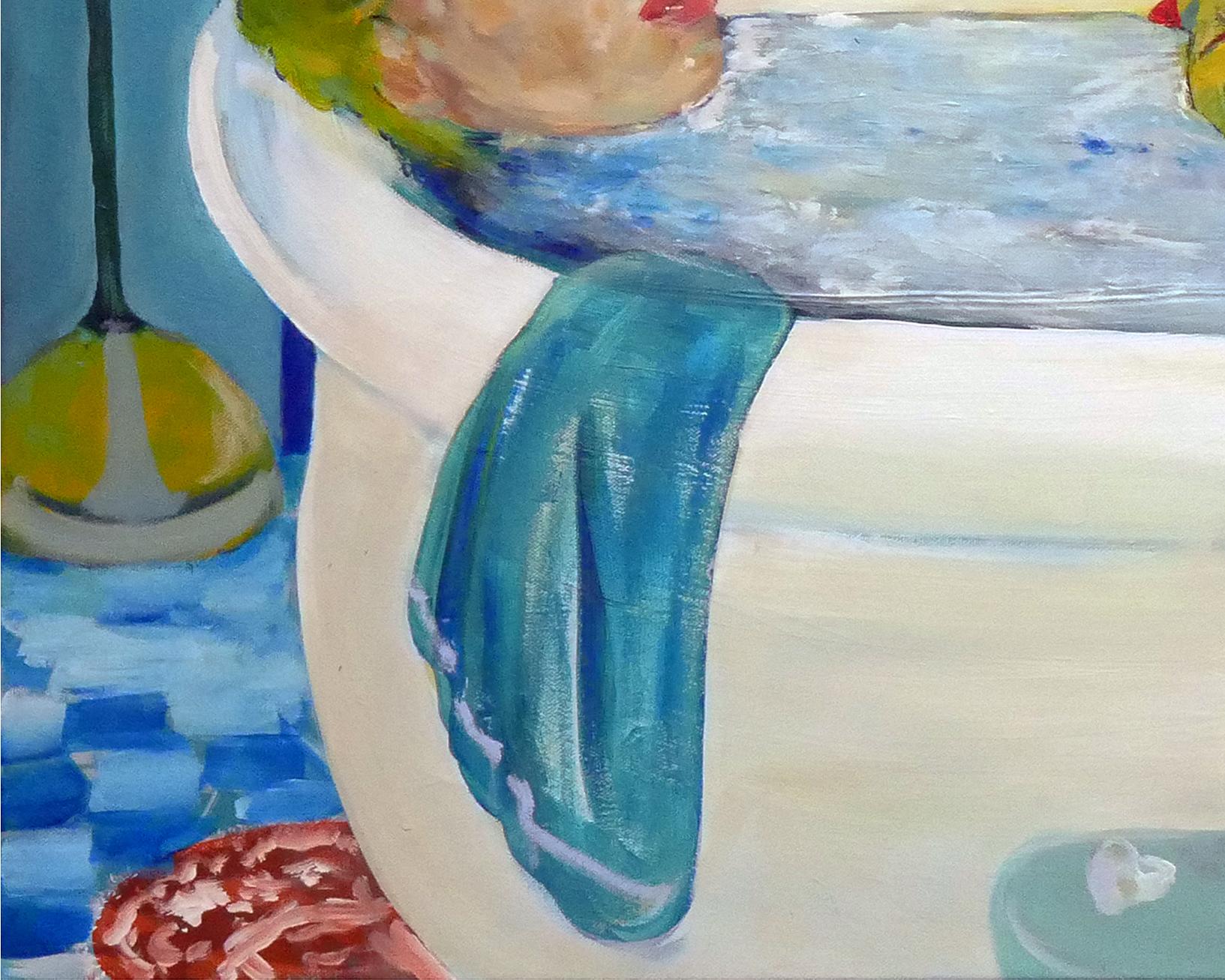 Colorful whimsical abstract contemporary painting by Houston, TX artist Moisés Villafuerte. The work features a blonde figure relaxing in a bathtub surrounded by orchids and yellow rubber ducks set against a rich, blue background. Currently
