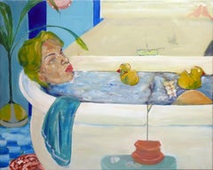 Zeitgenössische „“Konsciente“-Truhenfigur in der Badewanne mit gelben Gummiducken