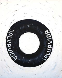 Used Contemporary Abstract Black and White "Salvavida" or Life Raft Ocean Painting