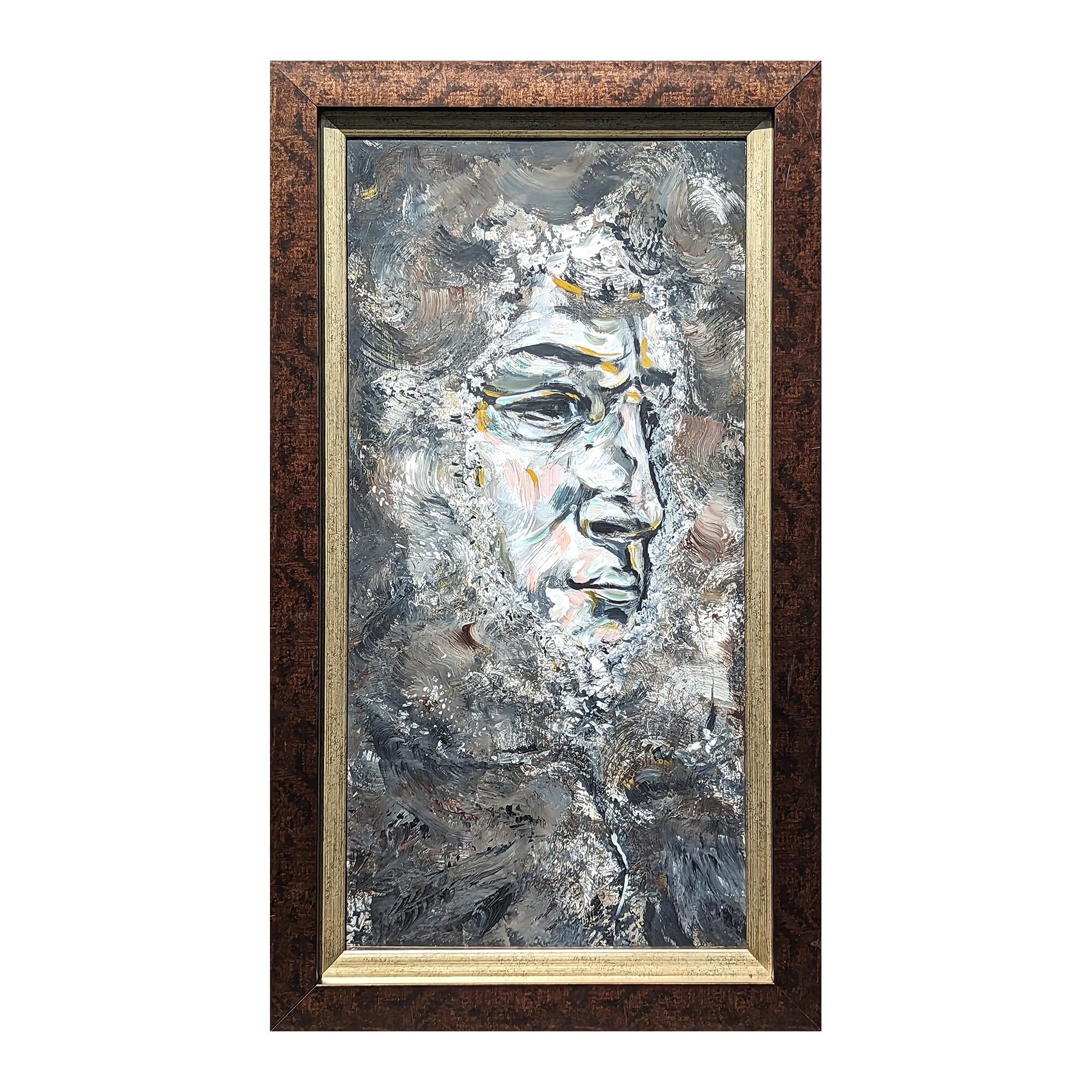 Pintura Expresionista Contemporánea Abstracta en Tonos Grises Retrato Figurativo - Painting de Moisés Villafuerte