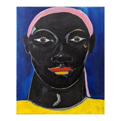 Contemporary Abstract Pink & Yellow Portrait of a Male Figure Against Blue