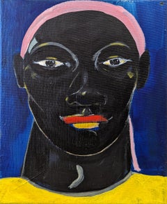 Contemporary Abstract Pink & Yellow Portrait of a Male Figure Against Blue