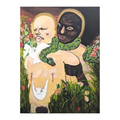 Contemporary Black and Green Abstract Portrait of Two Figures and a Snake