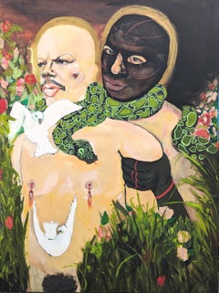 Contemporary Black and Green Abstract Portrait of Two Figures and a Snake