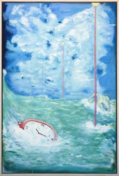 Scène de mer contemporaine surréaliste abstraite dans les tons bleus avec horloge