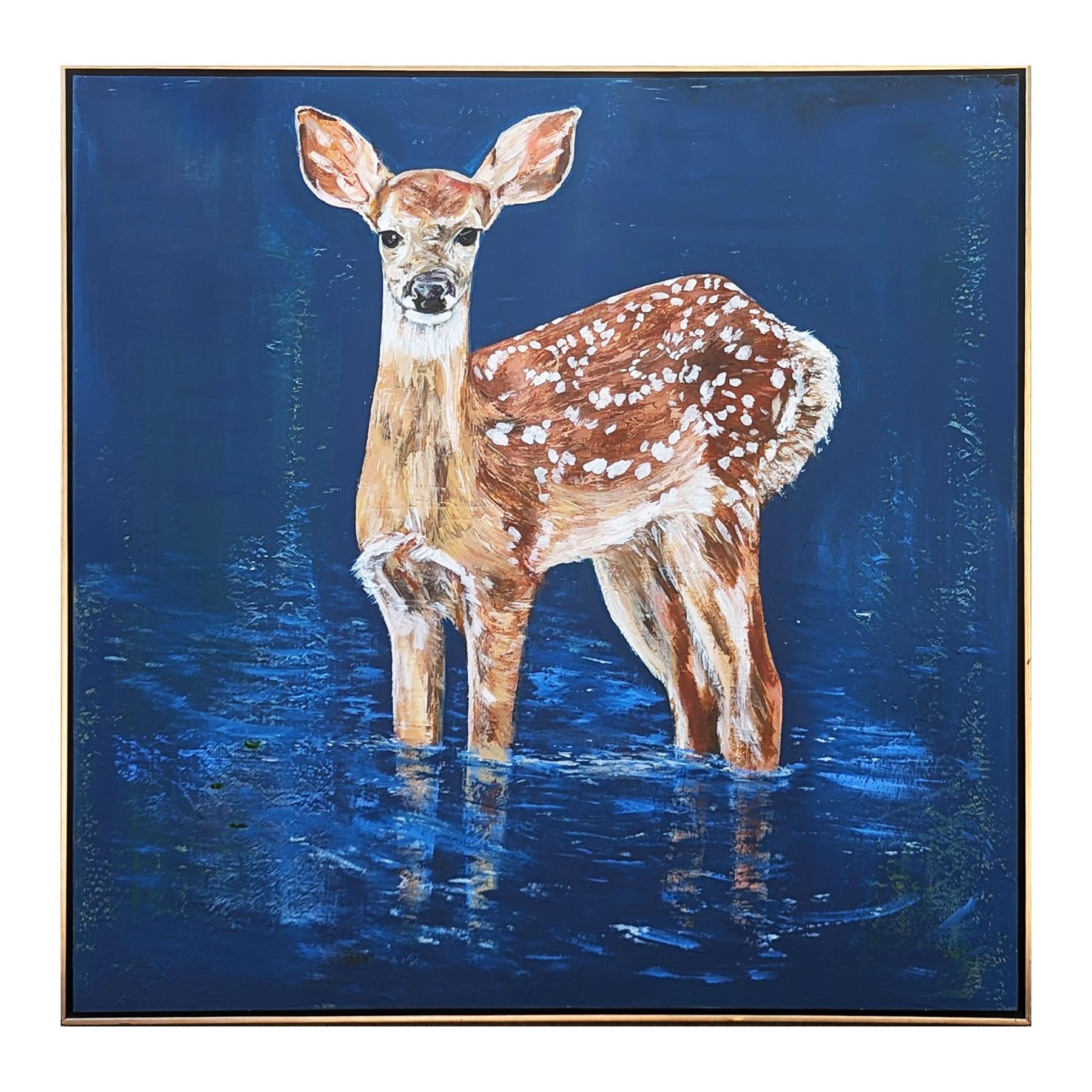 Naturalistic animal painting by contemporary Houston based artist Moisés Villafuerte. The work features a deer with white spots standing in a deep blue body of water. Currently hung in a gold floating frame. 

Dimensions Without Frame: H 50 in. x W