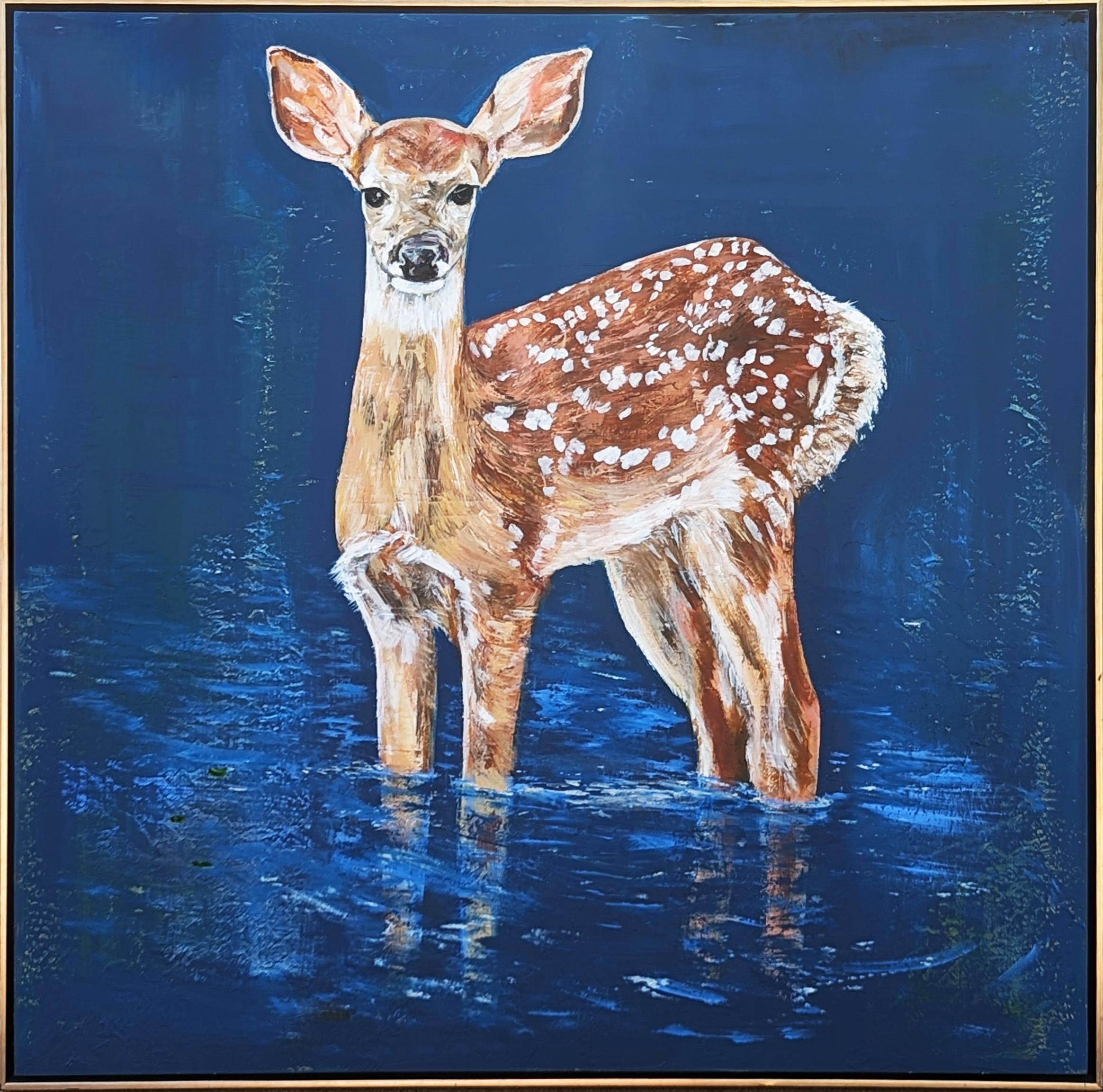 Moisés Villafuerte Animal Painting - Contemporary Naturalistic Blue Toned Landscape Painting of A Deer in Water