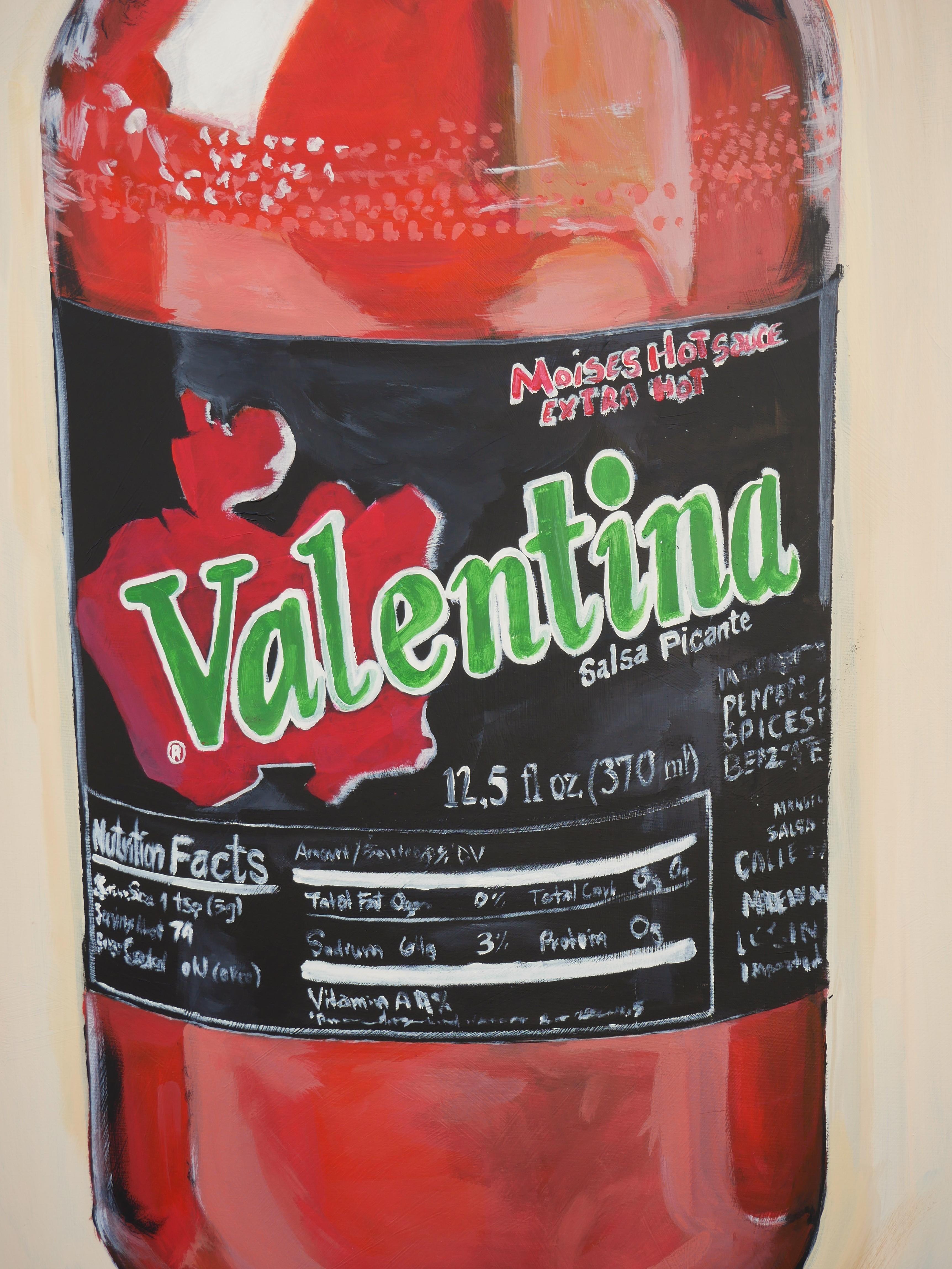 Contemporary Realist Red Toned Still Life Painting of Valentina Hot Sauce Bottle For Sale 2