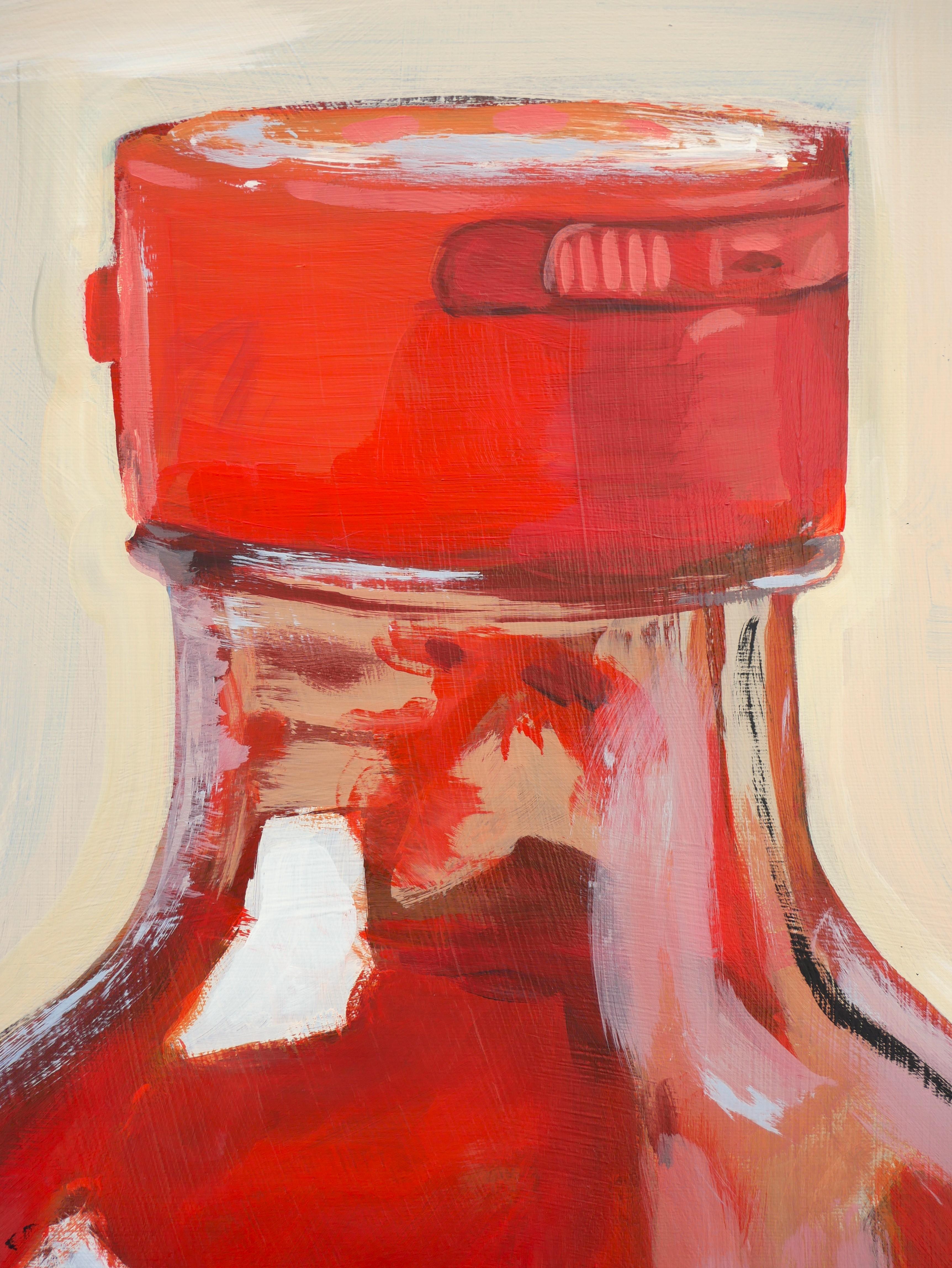 Contemporary Realist Red Toned Still Life Painting von Valentina Hot Sauce Flasche 6