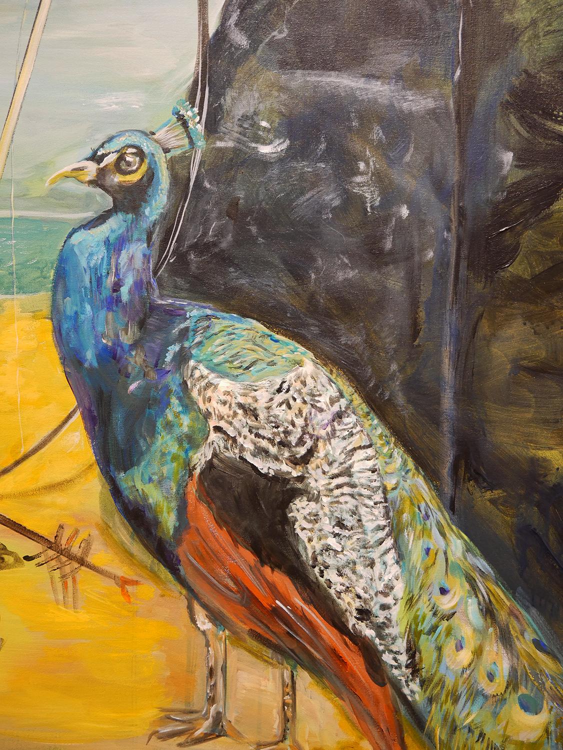 Contemporary Surrealist Landscape Painting of a Leopard & Peacock on the Beach 5