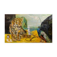 Contemporary Surrealist Landscape Painting of a Leopard & Peacock on the Beach