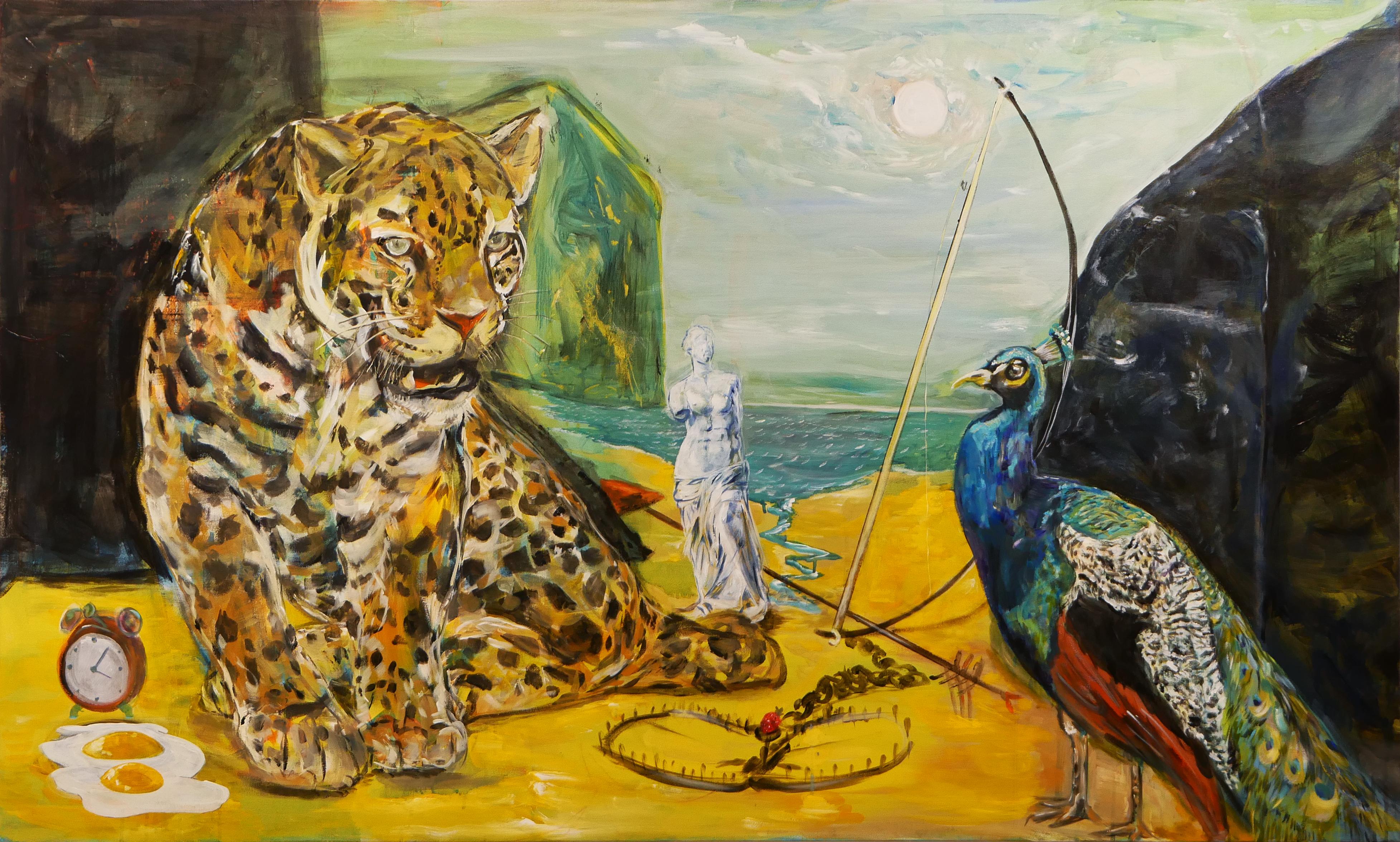 Moisés Villafuerte Animal Painting - Contemporary Surrealist Landscape Painting of a Leopard & Peacock on the Beach