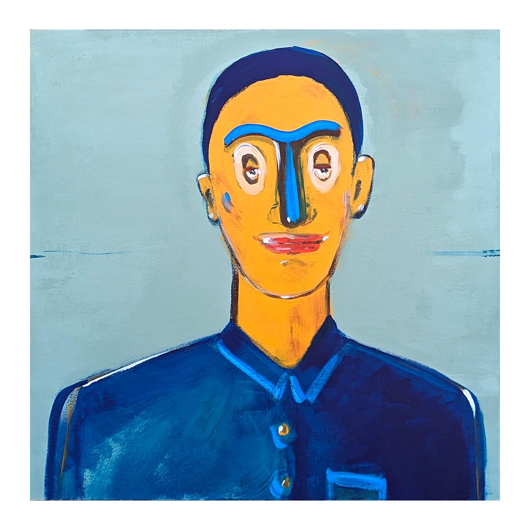 Contemporary Whimsical Abstract Portrait of a Male Figure Against Blue - Painting by Moisés Villafuerte