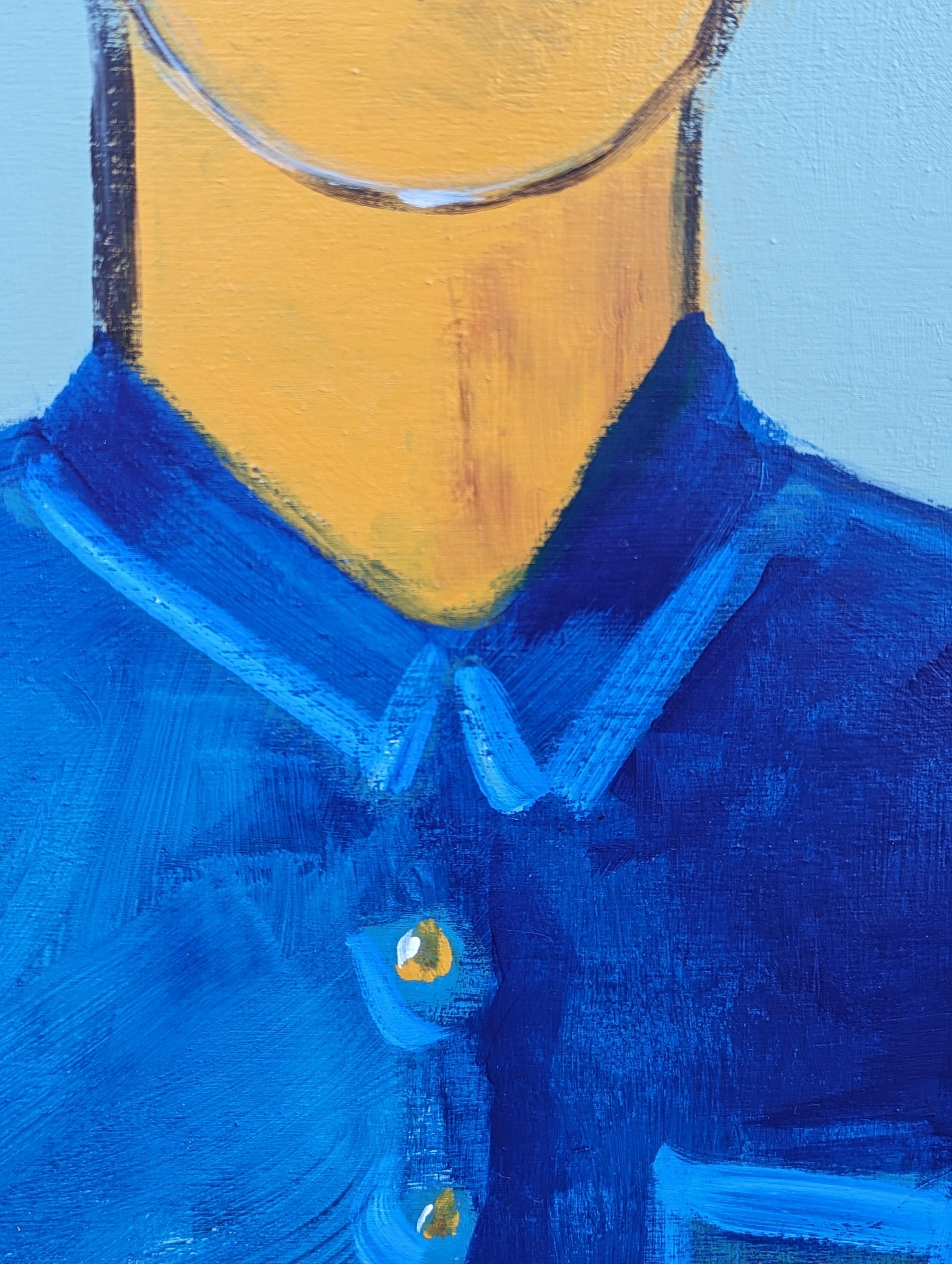 Contemporary Whimsical Abstract Portrait of a Male Figure Against Blue 4