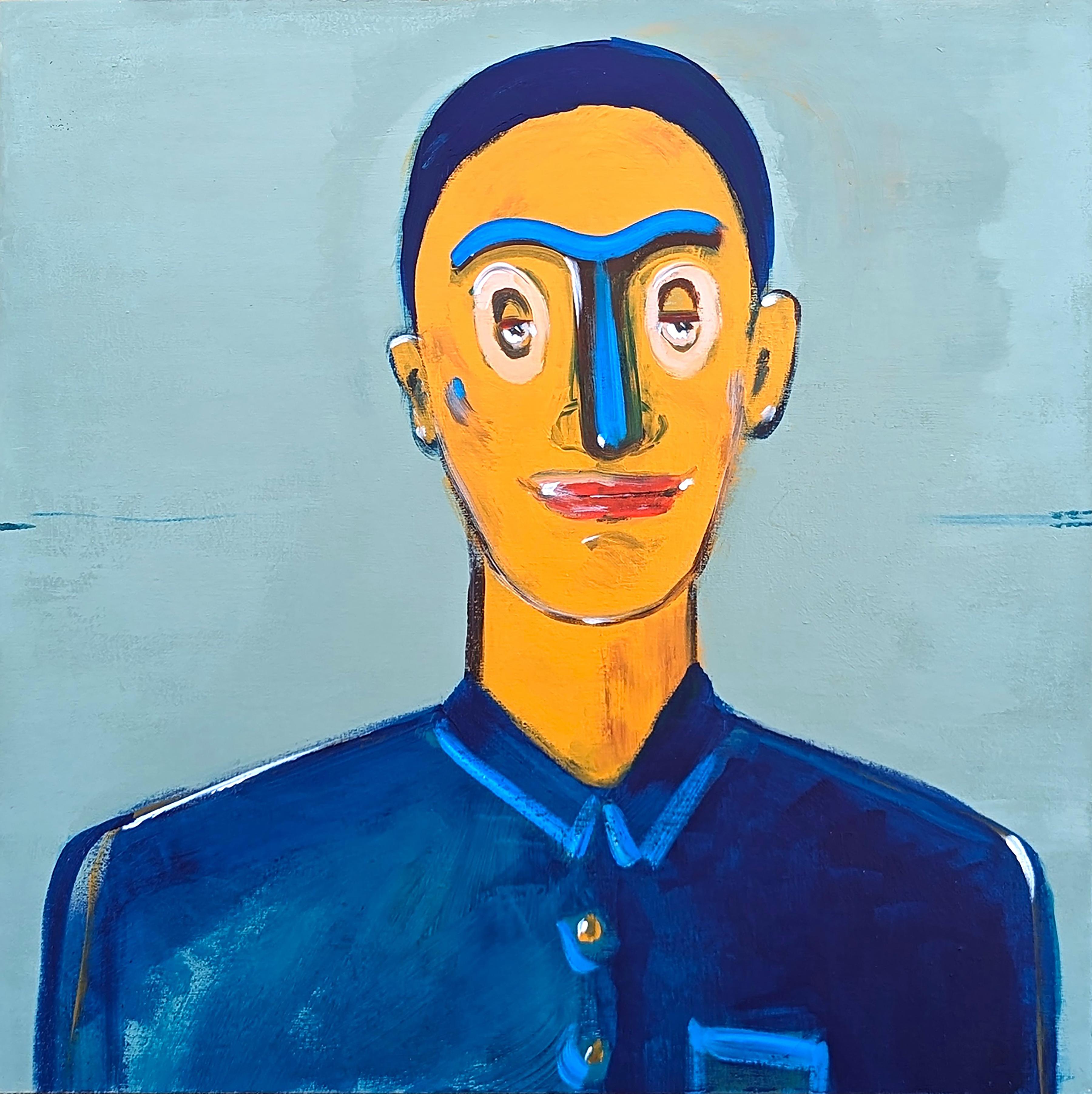 Moisés Villafuerte Portrait Painting - Contemporary Whimsical Abstract Portrait of a Male Figure Against Blue