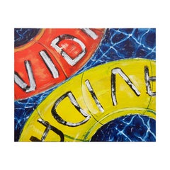 "Dos Vidas" Blue, Red, and Yellow Contemporary Painting with Texts