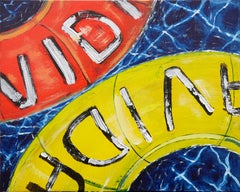 "Dos Vidas" Blue, Red, and Yellow Contemporary Painting with Texts