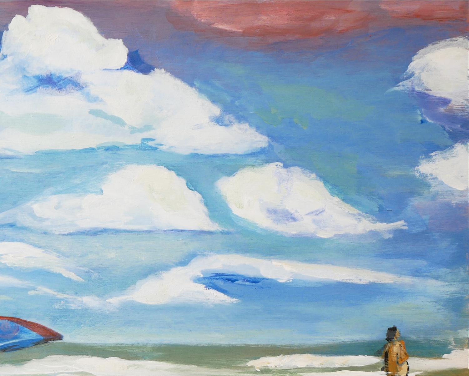 Impressionist contemporary painting of Galveston Beach by Houston, TX artist Moisés Villafuerte. The painting depicts a wavy Galveston Bay with beachgoers chilling by the shore. The clouds are very prominent in this painting, creating a