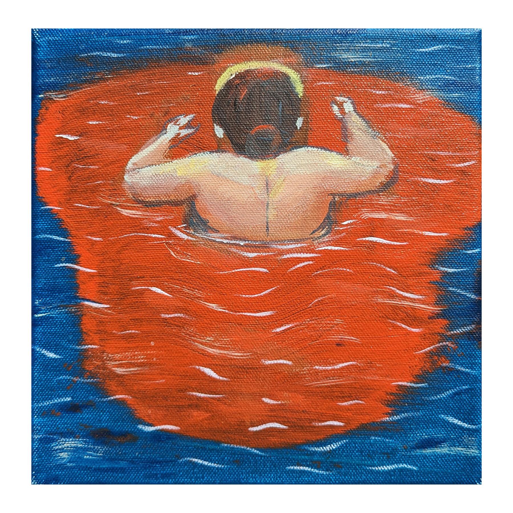 Blue and red toned painting by contemporary Houston based artist Moisés Villafuerte. The work features a woman surrounded by a pool of red crossing the Rio Bravo, also know as the Rio Grande. Signed, titled, and dated on the reverse. Currently