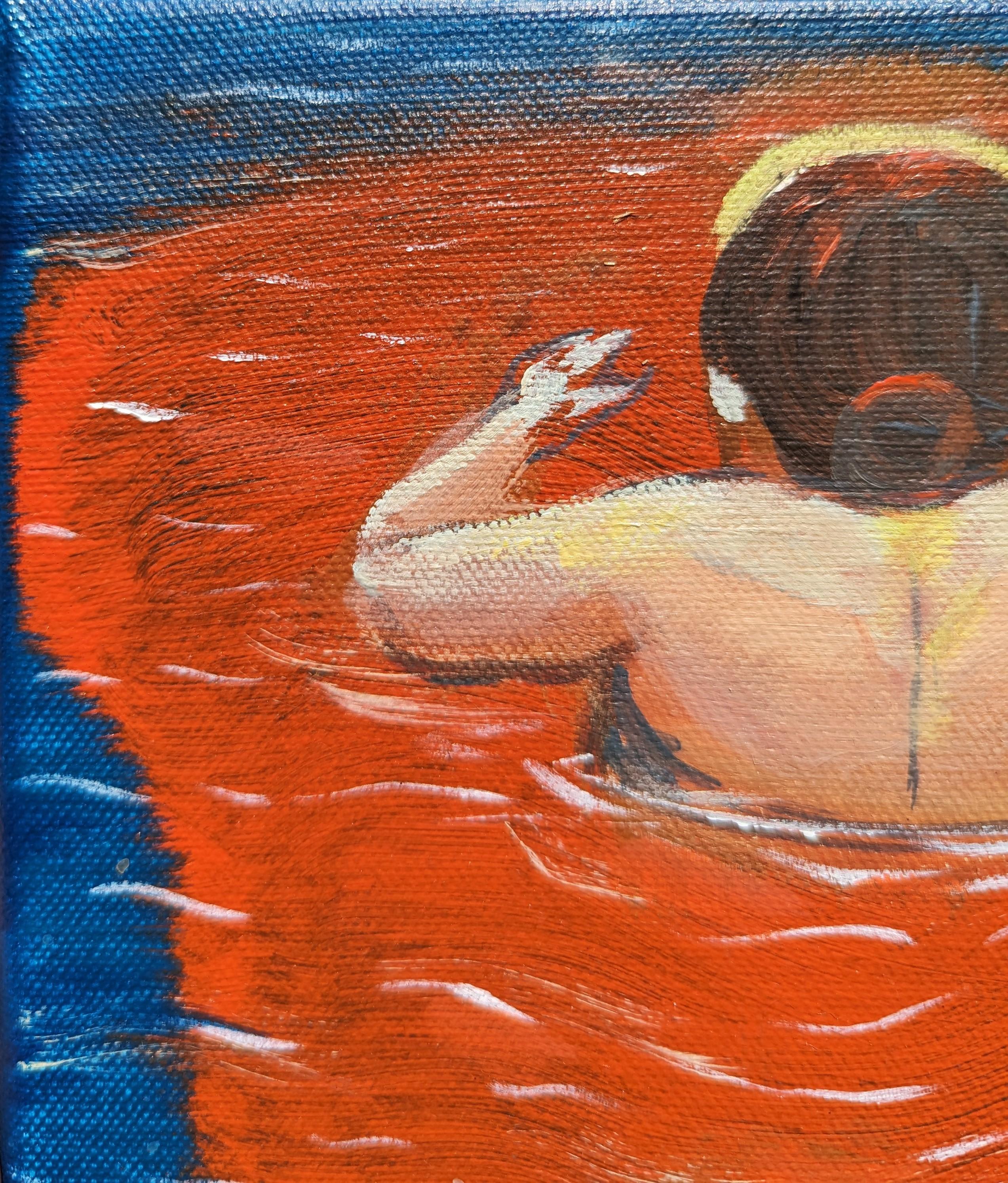 Blau und rot getöntes Gemälde des zeitgenössischen Künstlers Moisés Villafuerte aus Houston. Das Werk zeigt eine Frau inmitten einer roten Pfütze, die den Rio Bravo, auch Rio Grande genannt, überquert. Rückseitig signiert, betitelt und datiert.