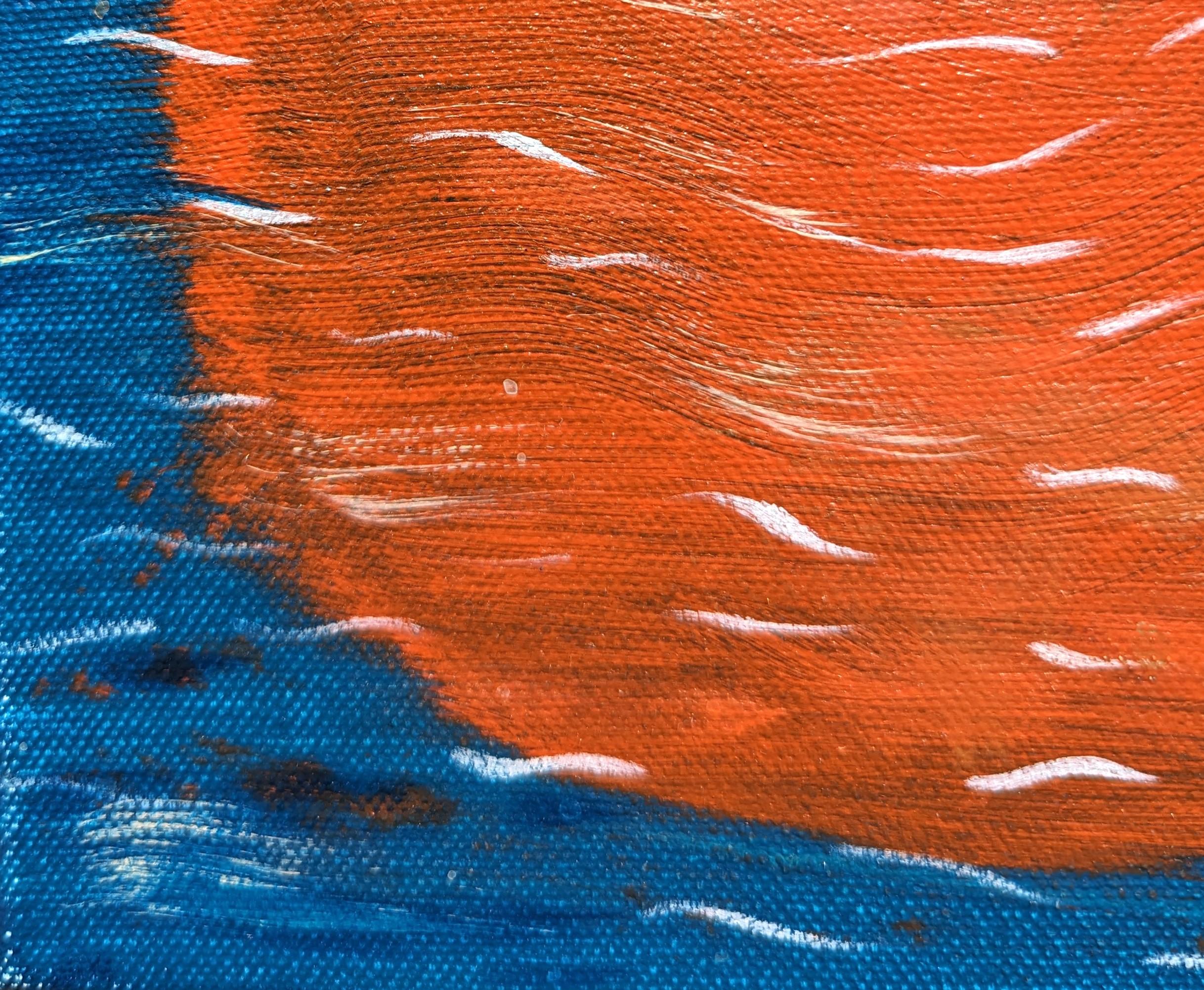 Pintura en tonos azules y rojos del artista contemporáneo afincado en Houston Moisés Villafuerte. La obra muestra a una mujer rodeada por un charco de rojo que cruza el río Bravo, también conocido como río Grande. Firmado, titulado y fechado en el