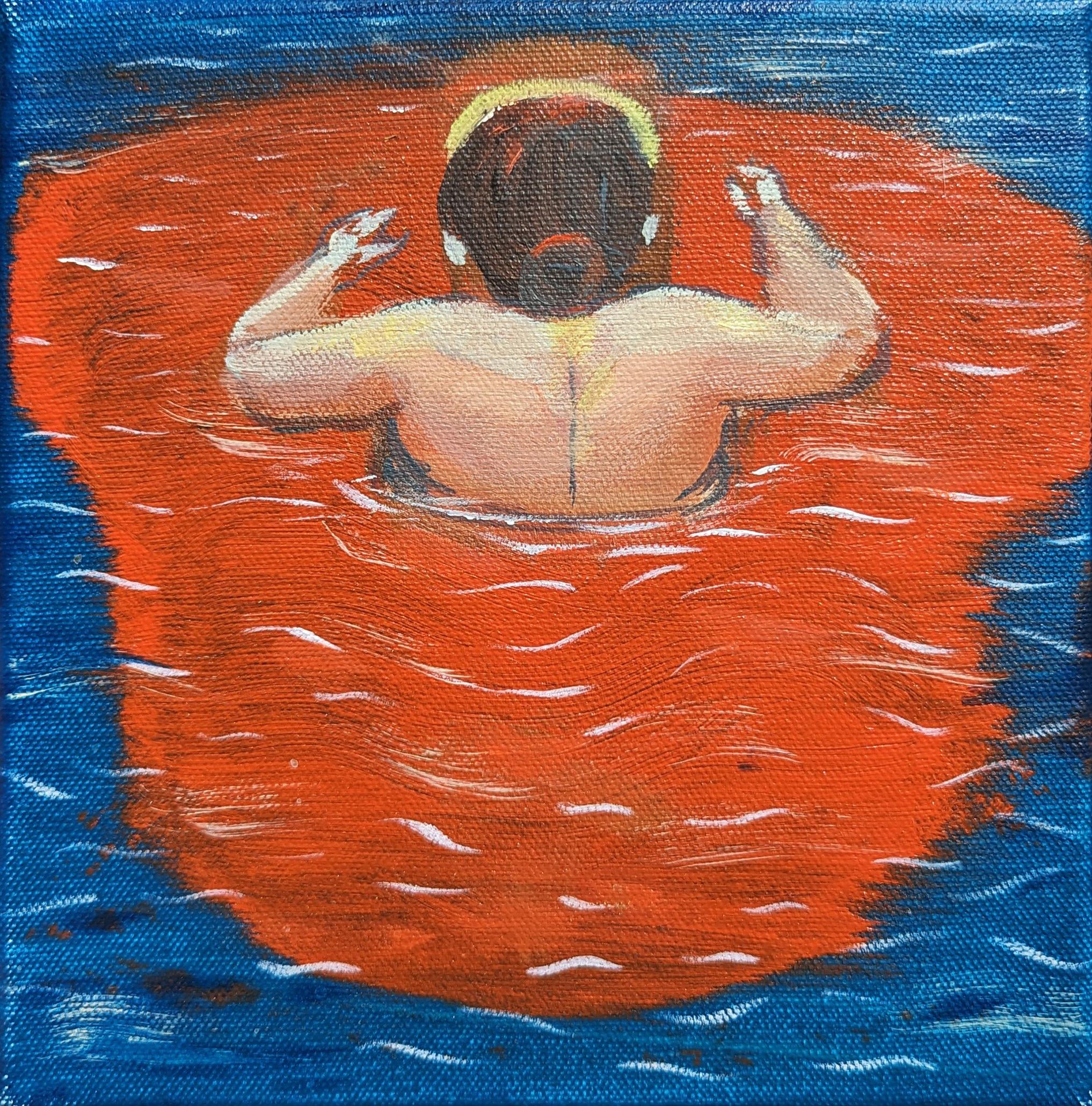 Moisés Villafuerte Figurative Painting - "Mujer Cruzando El Rio Bravo" Contemporary Figurative Seascape Painting
