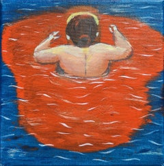 "Mujer Cruzando El Río Bravo" Pintura Contemporánea Figurativa de Paisaje Marino