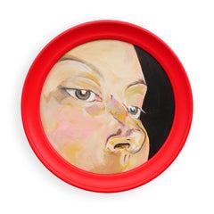 Neutral-Toned Contemporary Painting of a Face in a Bright Red Frame