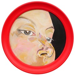 Neutral-Toned Contemporary Painting of a Face in a Bright Red Frame