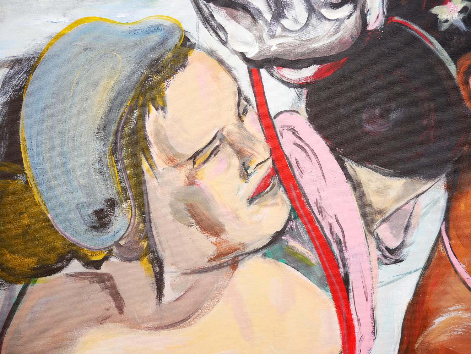 Pastellfarbenes abstraktes zeitgenössisches figuratives Gemälde einer Braut mit helper im Angebot 6