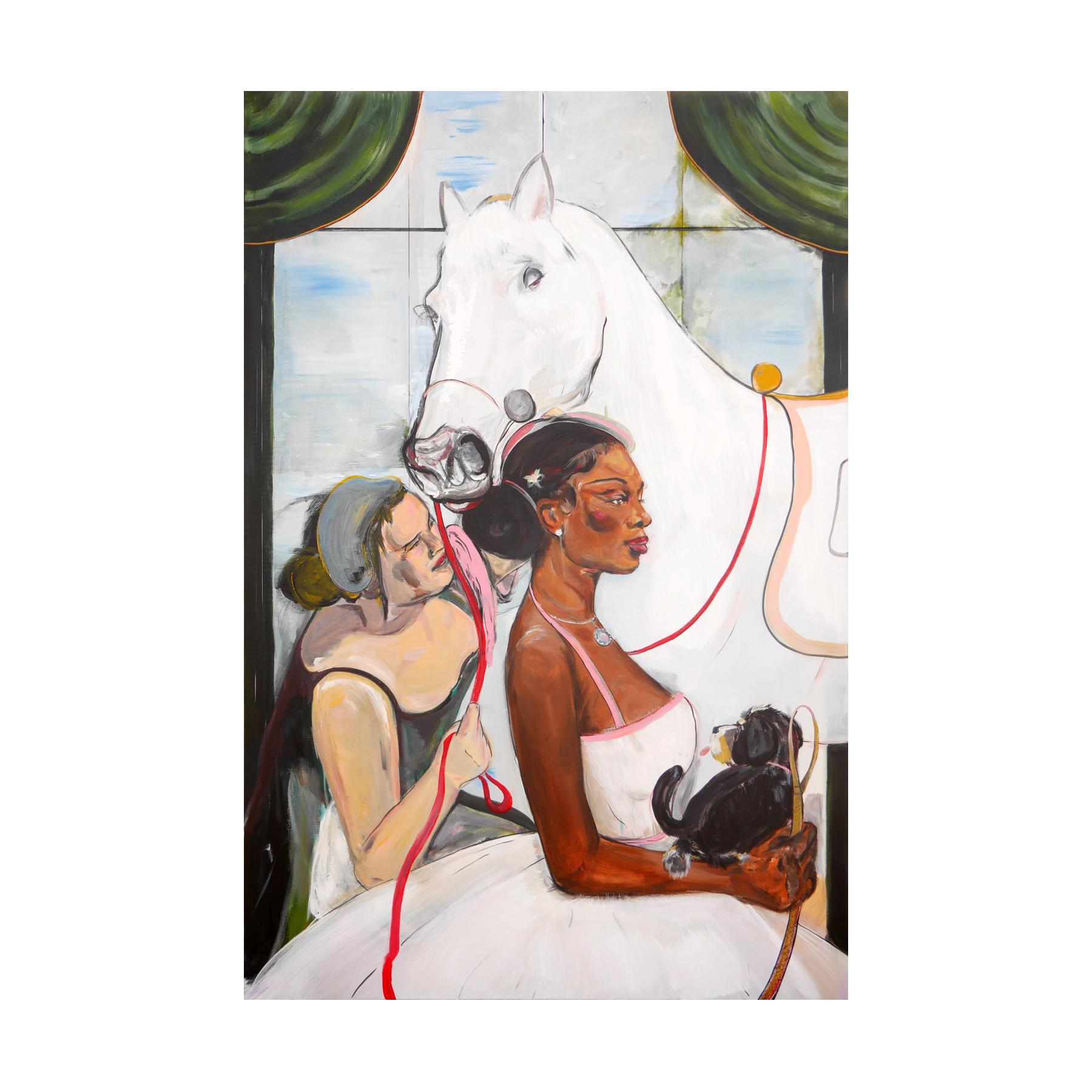 Pastellfarbenes abstraktes zeitgenössisches figuratives Gemälde einer Braut mit helper – Painting von Moisés Villafuerte