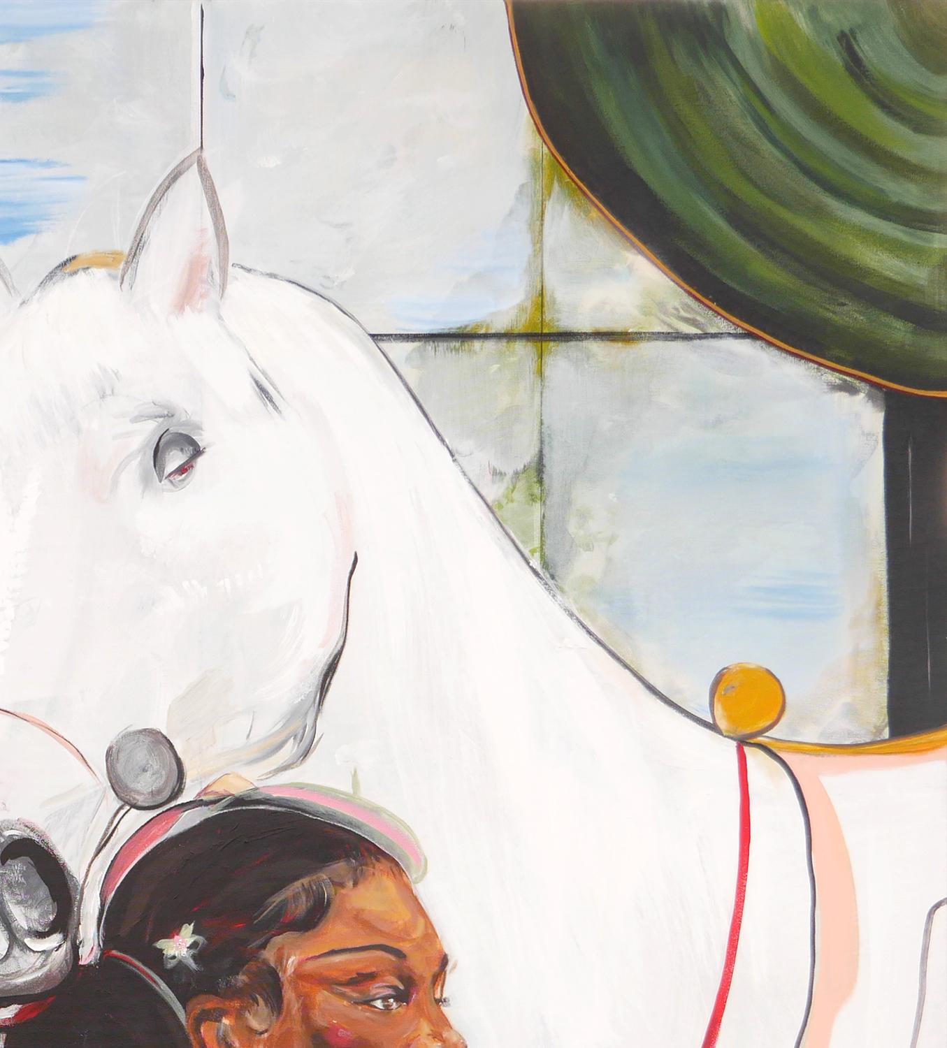 Pastellfarbene abstrakte zeitgenössische figurative Malerei des Künstlers Moisés Villafuerte aus Houston, TX. Das Gemälde zeigt eine Braut vor einem raumhohen Fenster. Die Braut ist mit einer Helferin zu sehen, die ihr die Haare macht, einem Hund