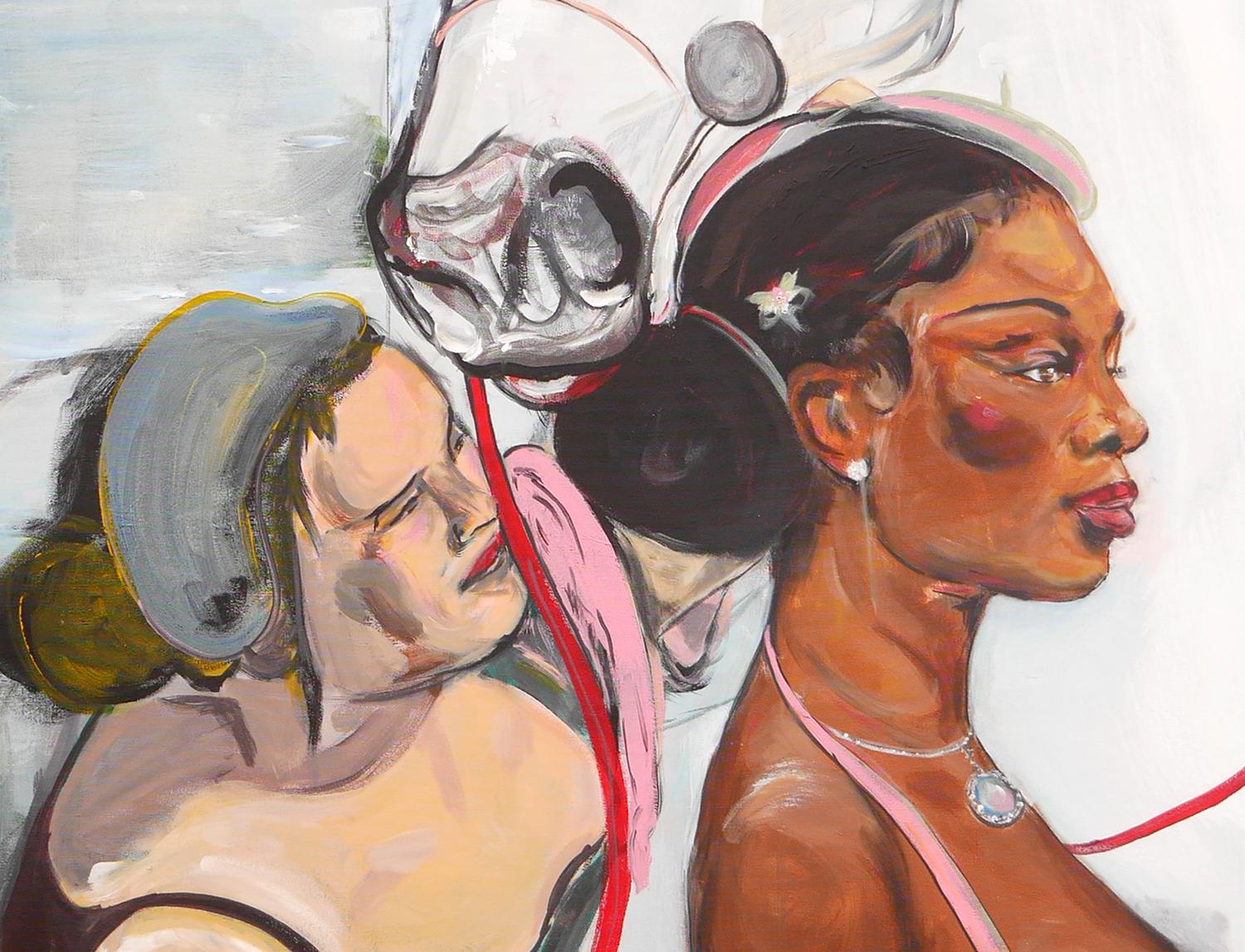Pastel-Toned Abstract Contemporary Figurative Painting of a Bride with Helper For Sale 5