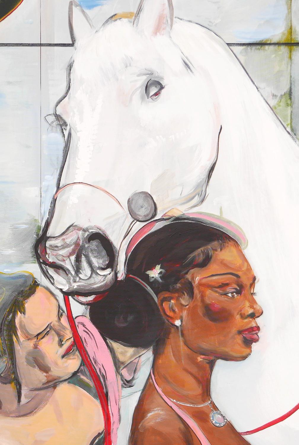 Pastellfarbenes abstraktes zeitgenössisches figuratives Gemälde einer Braut mit helper im Angebot 4