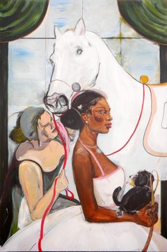 Pastellfarbenes abstraktes zeitgenössisches figuratives Gemälde einer Braut mit helper