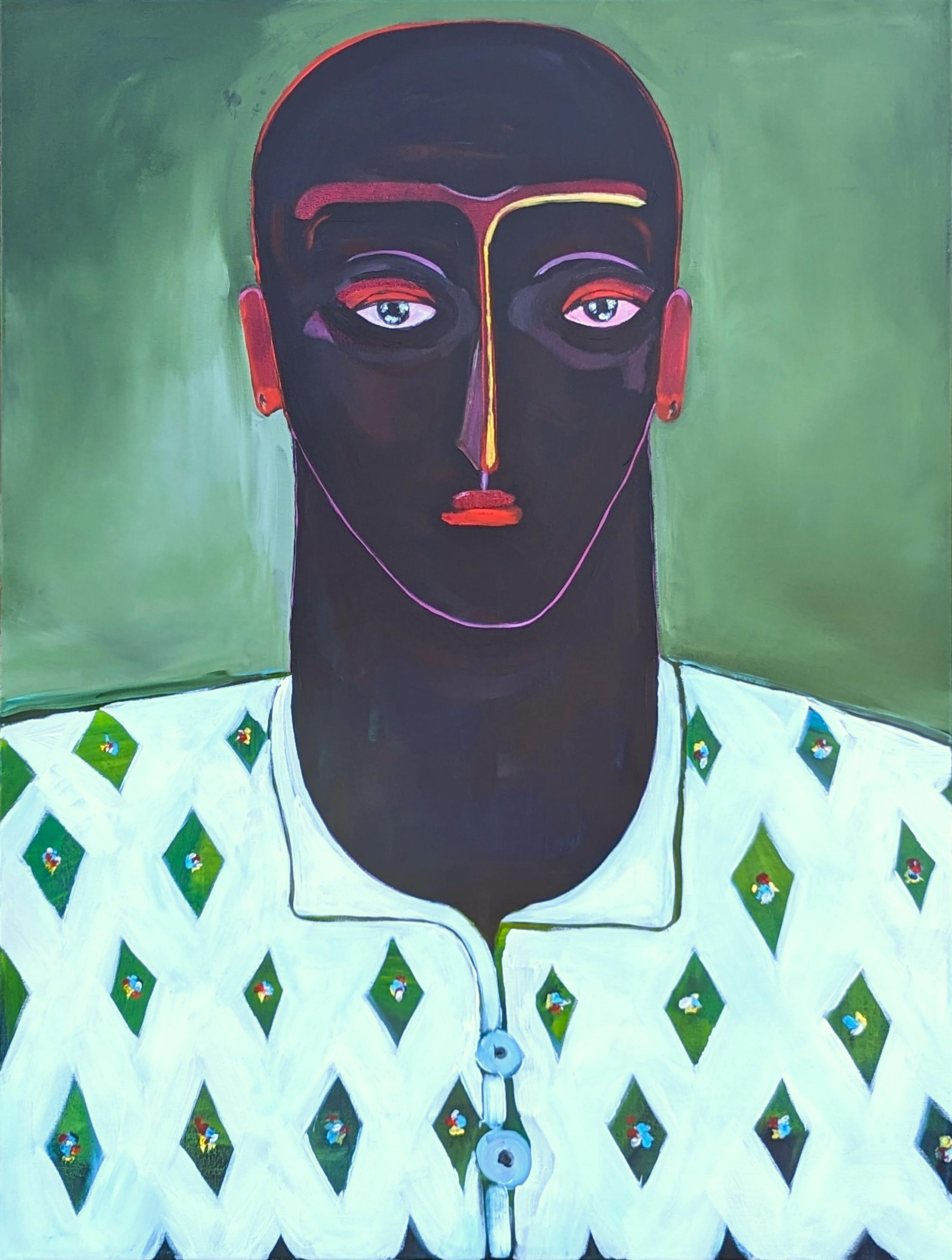Moisés Villafuerte Portrait Painting - "Portrait Study" Contemporary Whimsical Abstract of a Male Figure Against Green