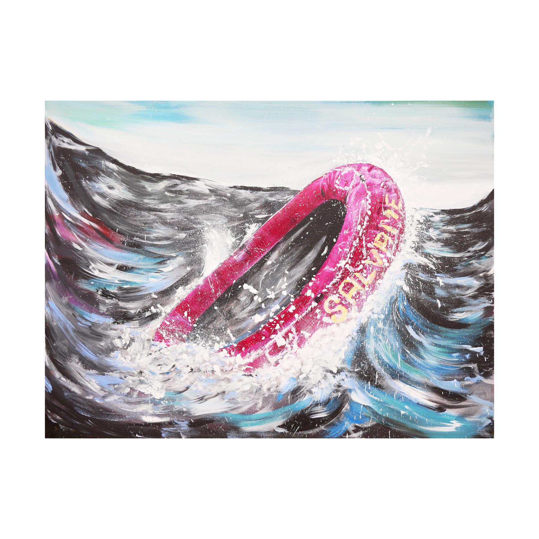 Blue and pink abstract contemporary seascape landscape by Houston, TX artist Moisés Villafuerte. This abstract painting features a large magenta lifeboat with the text 