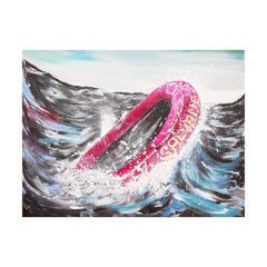 "Salvame" Blue, Magenta, and Yellow Contemporary Seascape Painting with Texts