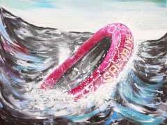 "Salvame" Blue, Magenta, and Yellow Contemporary Seascape Painting with Texts
