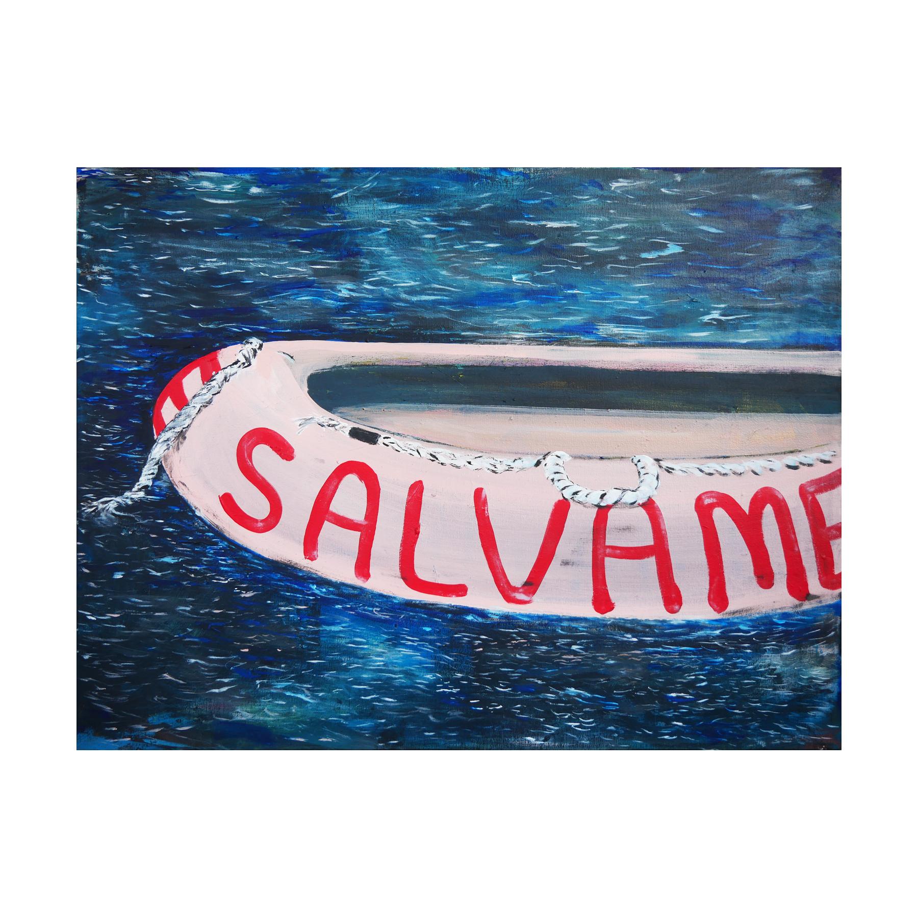 Blue and pink abstract contemporary seascape landscape by Houston, TX artist Moisés Villafuerte. This abstract painting features a large pink lifeboat with the text 