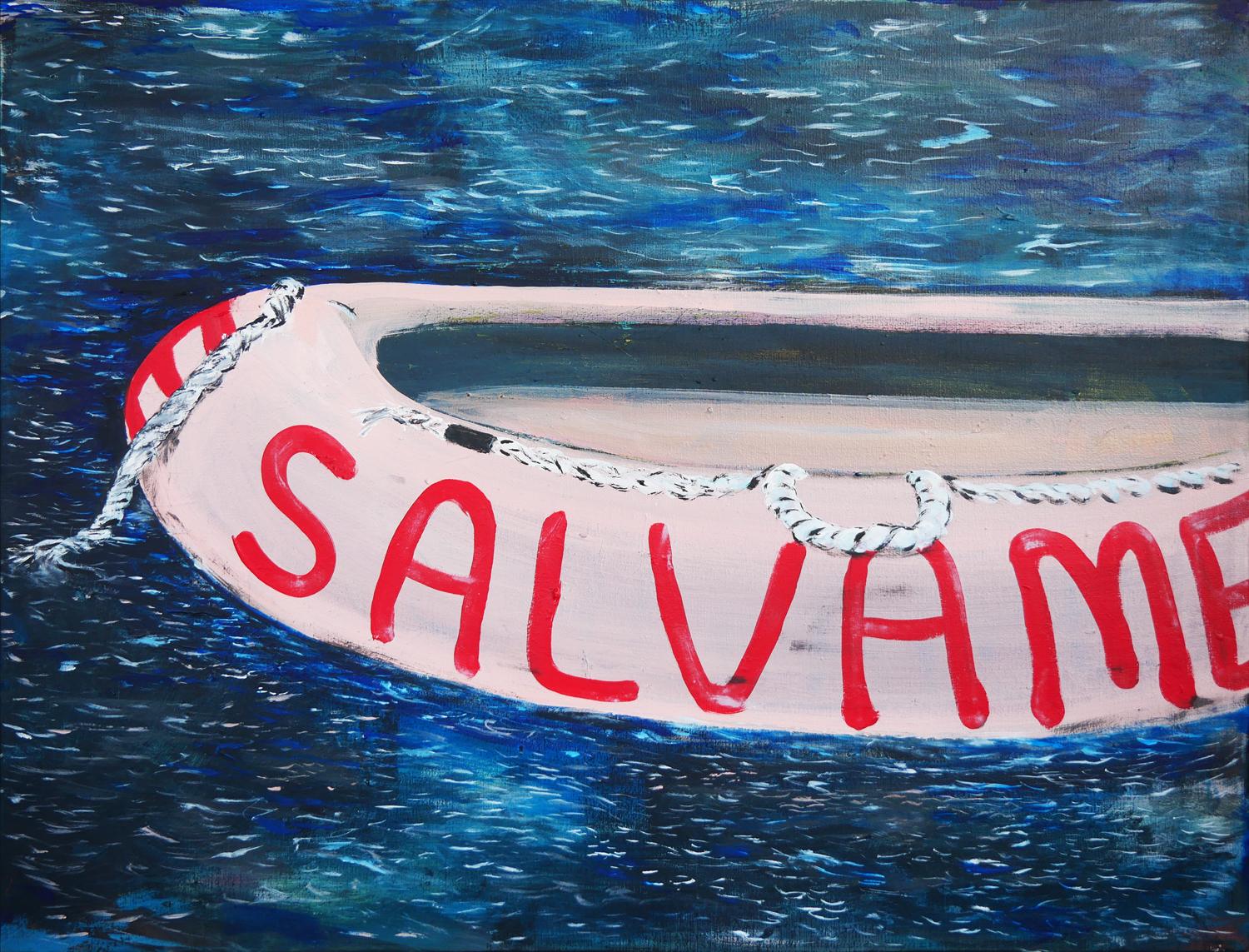 Moisés Villafuerte Abstract Painting - "Salvame" Blue, Pink, and Red Abstract Contemporary Seascape Painting with Texts