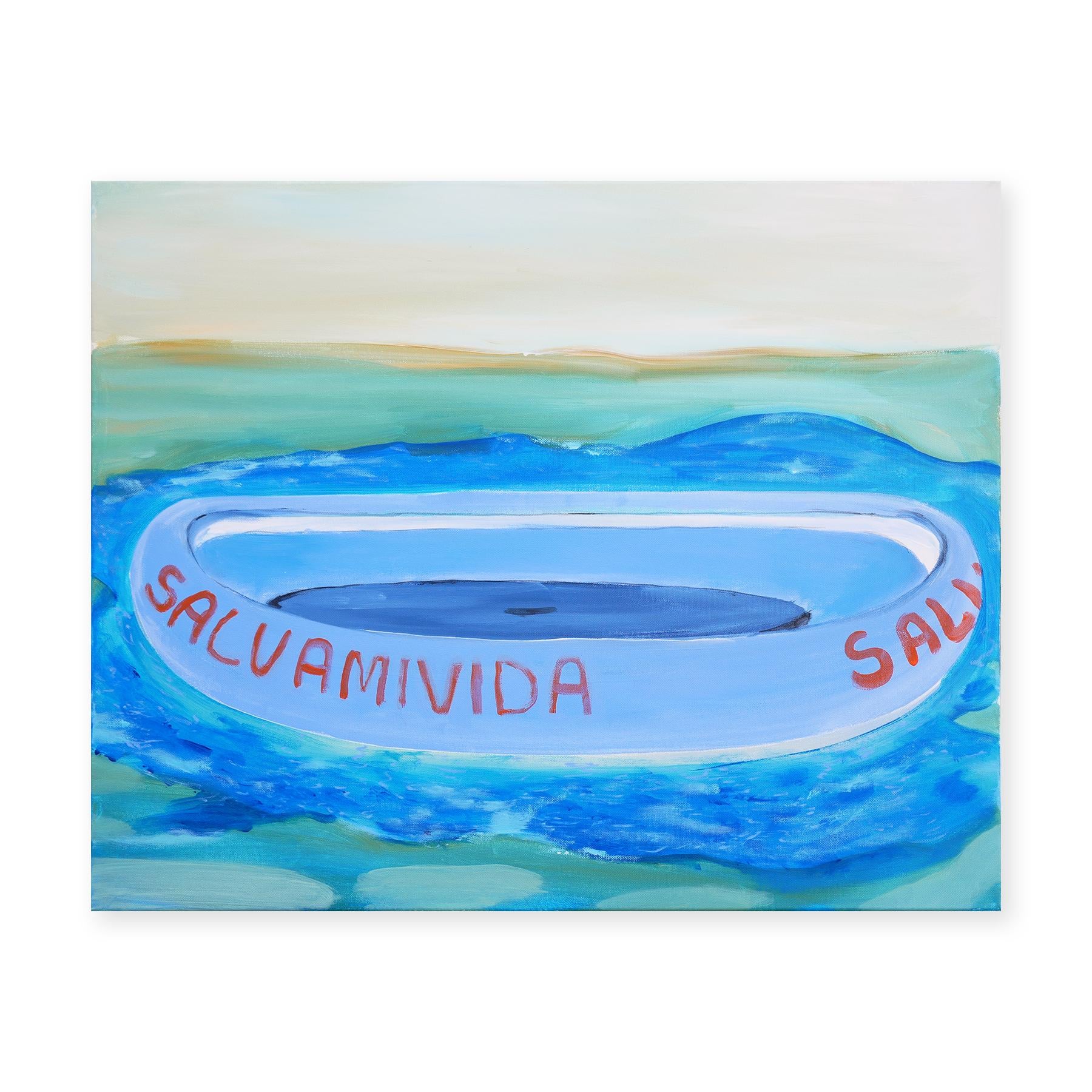 „“Salvamivida“ Kalt getönte abstrakte zeitgenössische Meereslandschaft mit blauem Lifeboat – Painting von Moisés Villafuerte