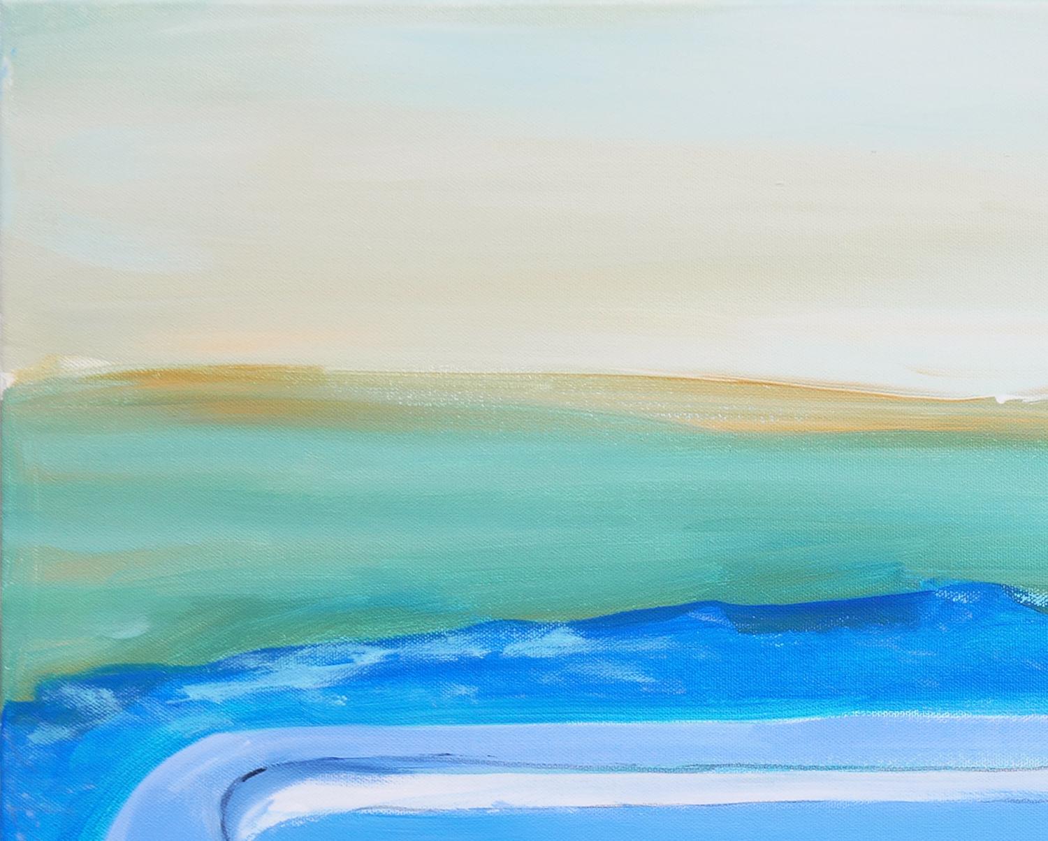 „“Salvamivida“ Kalt getönte abstrakte zeitgenössische Meereslandschaft mit blauem Lifeboat (Zeitgenössisch), Painting, von Moisés Villafuerte